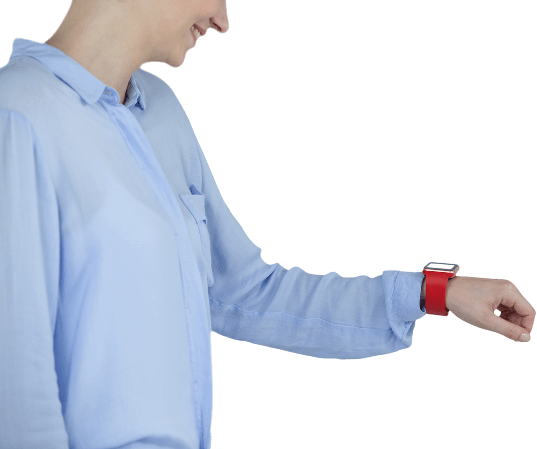 Caucasian Woman Using Smartwatch with Transparent Background