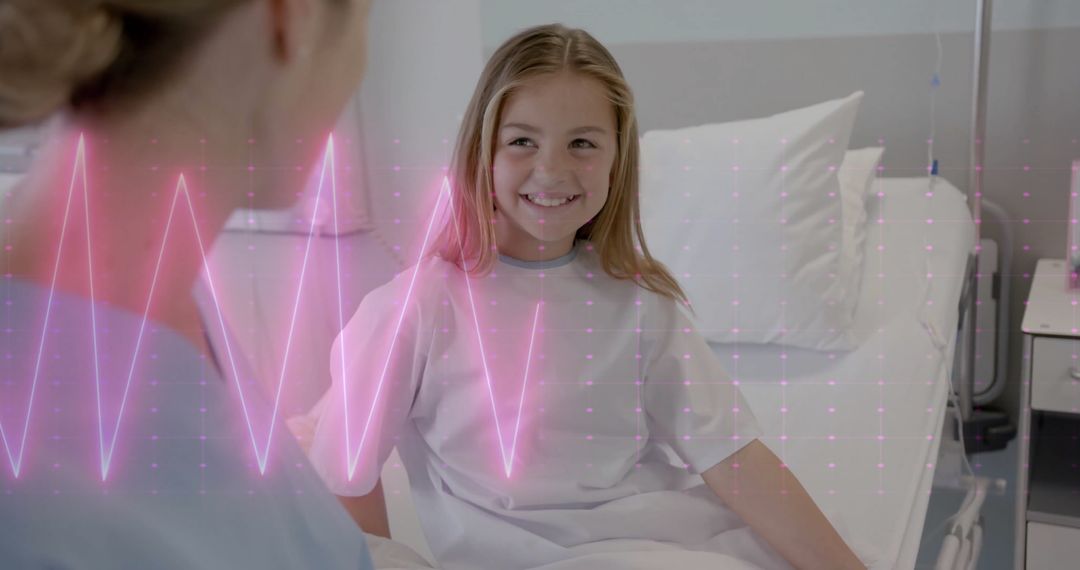 Smiling Girl with Doctor and Digital Heartbeat Overlay in Hospital
