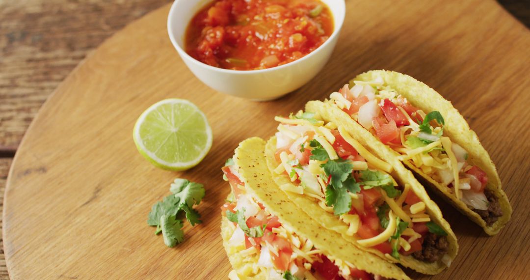 Chicken Tacos with Salsa and Lime Wedges on Rustic Wooden Table - Free Images, Stock Photos and Pictures on Pikwizard.com