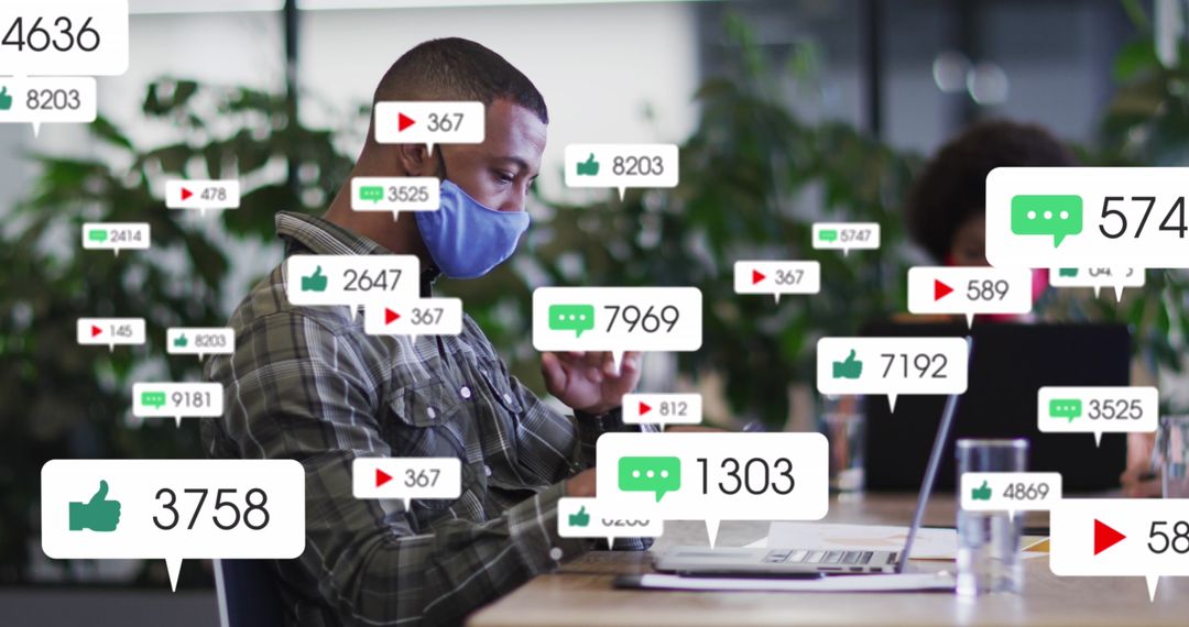 Professional Wearing Mask Engaging Online in Modern Workspace