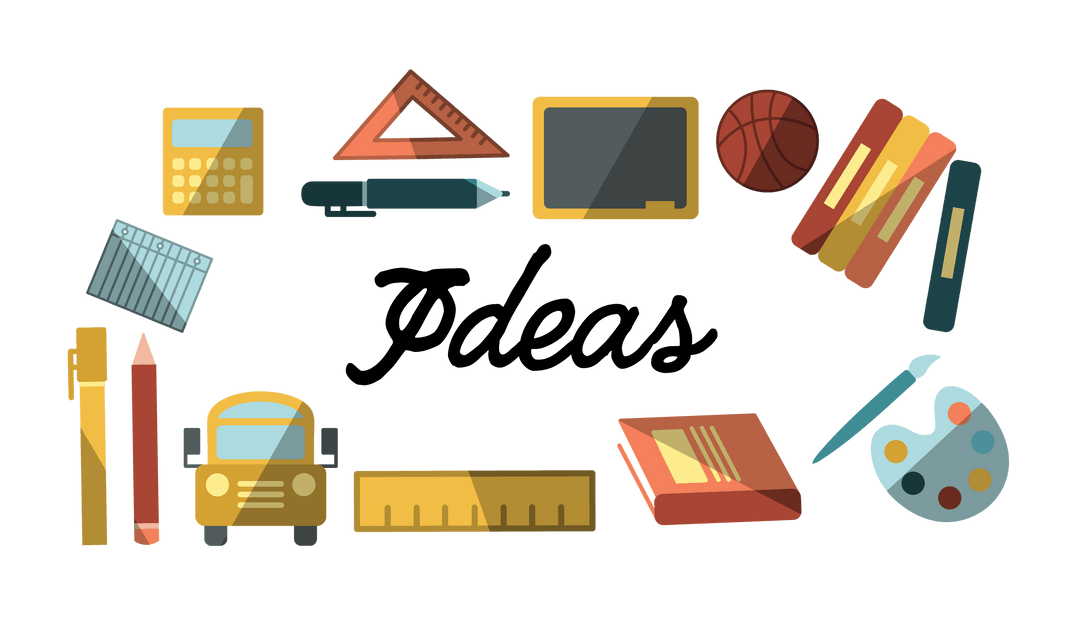 Colorful Educational Icons on Transparent Background with Ideas Text