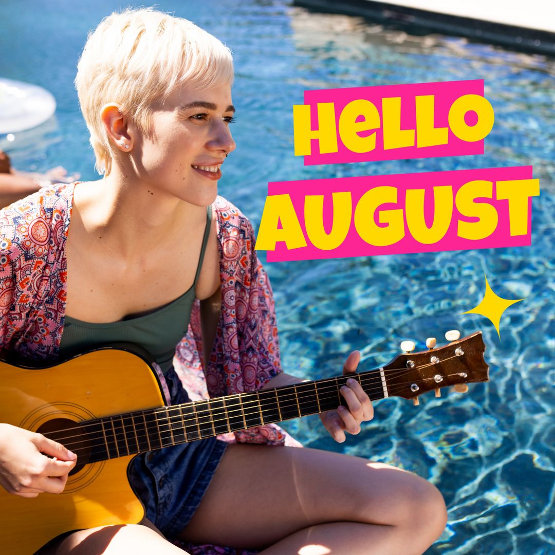 Cheerful Woman Playing Guitar by Pool in August