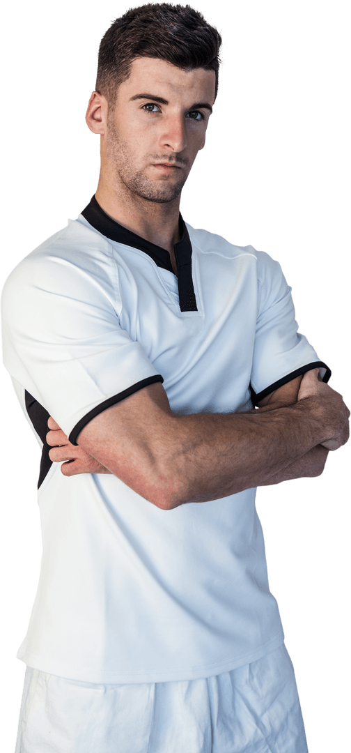 Confident Rugby Player in White Kit with Arms Crossed on Transparent Background