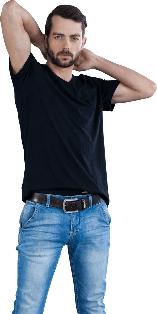 Confident Male in Black Shirt and Jeans Displaying Attitude Transparent