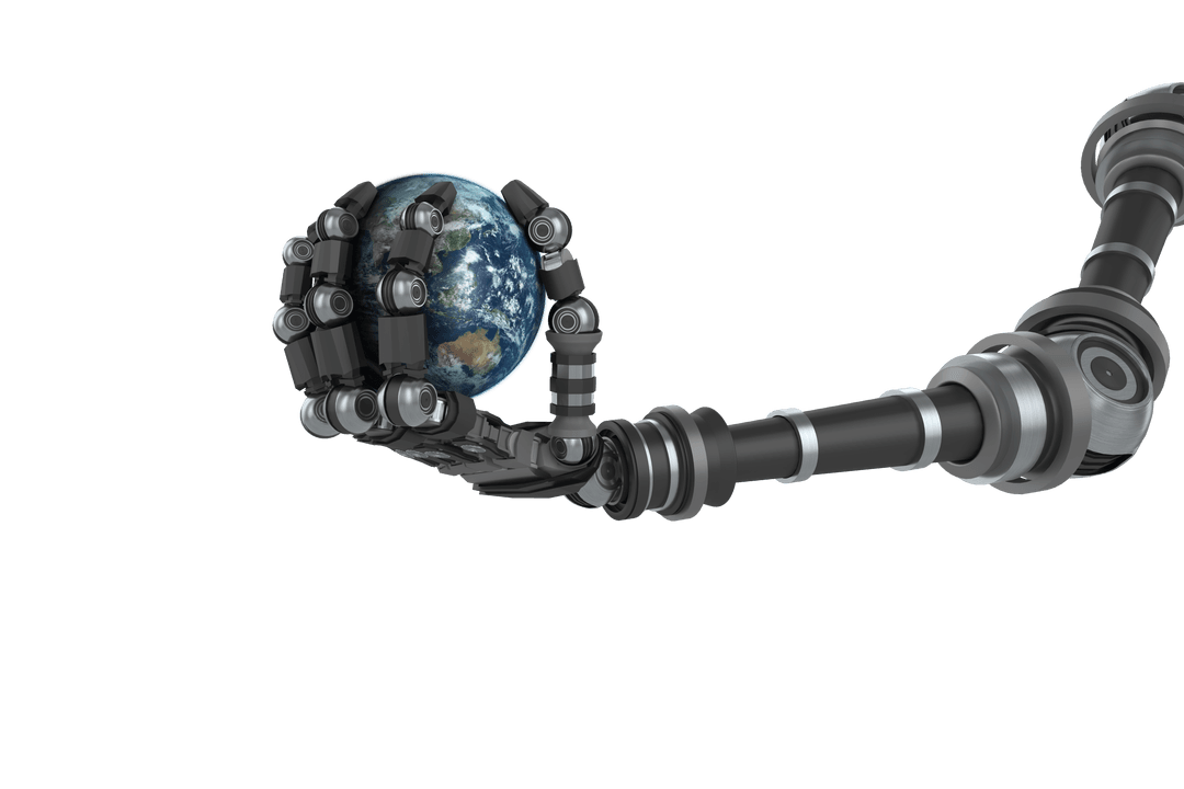 Transparent Black Robotic Hand Holding Earth Globe Symbolizes Innovation