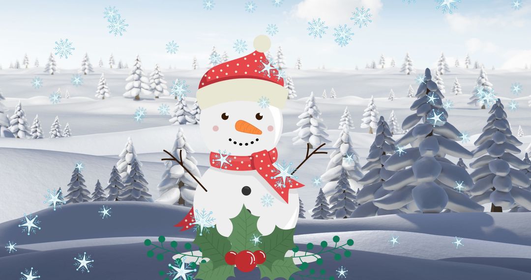 Cheerful Snowman in Wintry Landscape with Falling Snow