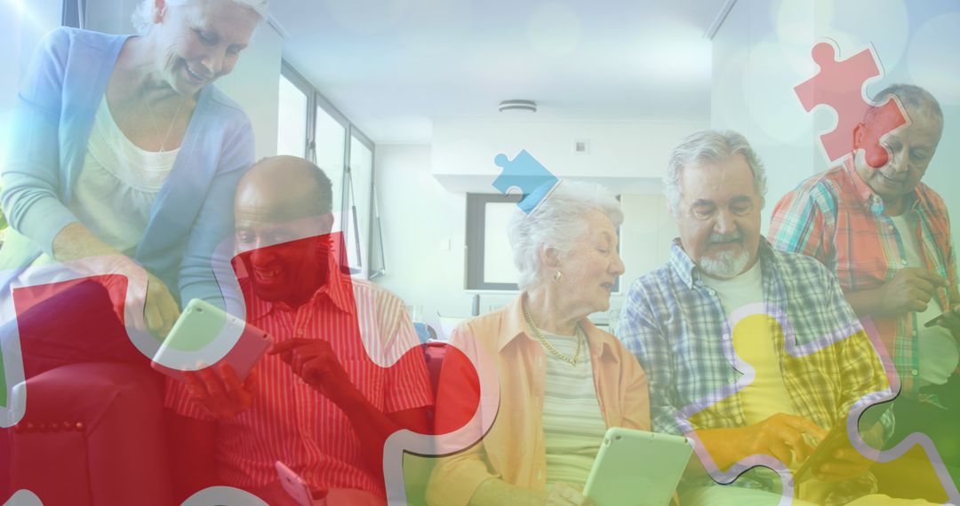 Happy Seniors Using Tablets with Colorful Puzzle Pieces Art