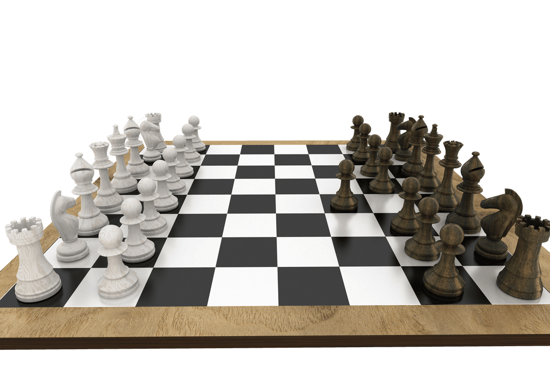 Transparent Chess Board with Detailed White and Black Pieces