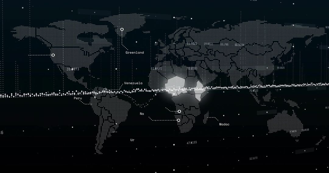 Dotted world map dashboard highlighting equatorial data band with geospatial markers and analytics