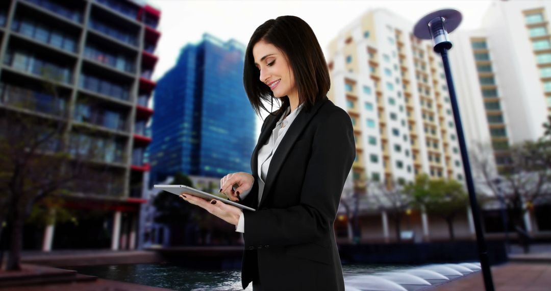 Businesswoman Working on Tablet in Urban Environment - Free Images, Stock Photos and Pictures on Pikwizard.com