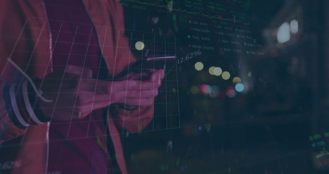 Caucasian Man Analyzing Financial Data on Smartphone by Night