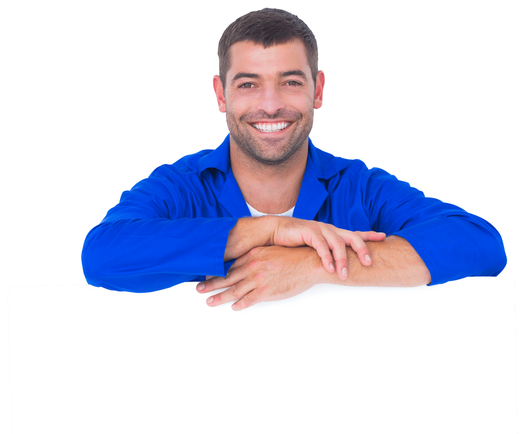 Smiling Handyman Holding Blank Transparent Sign for Advertisement