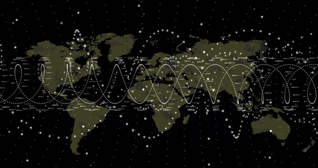 Olive Green World Map with Dotted Sine Waves and Binary Code