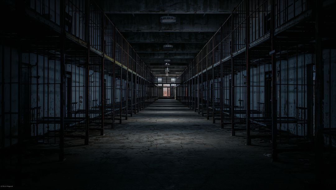 Abandoned Prison Cell Block Corridor Extending Into Darkness