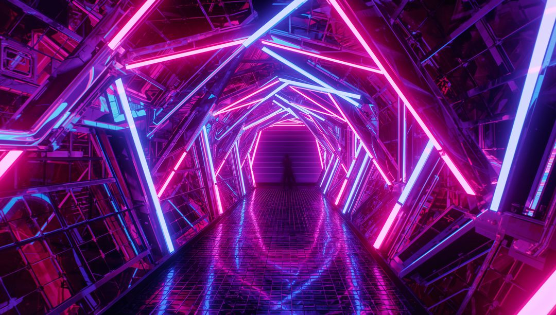 Futuristic Neon Corridor Inside Spacecraft with Glowing Light Tubes