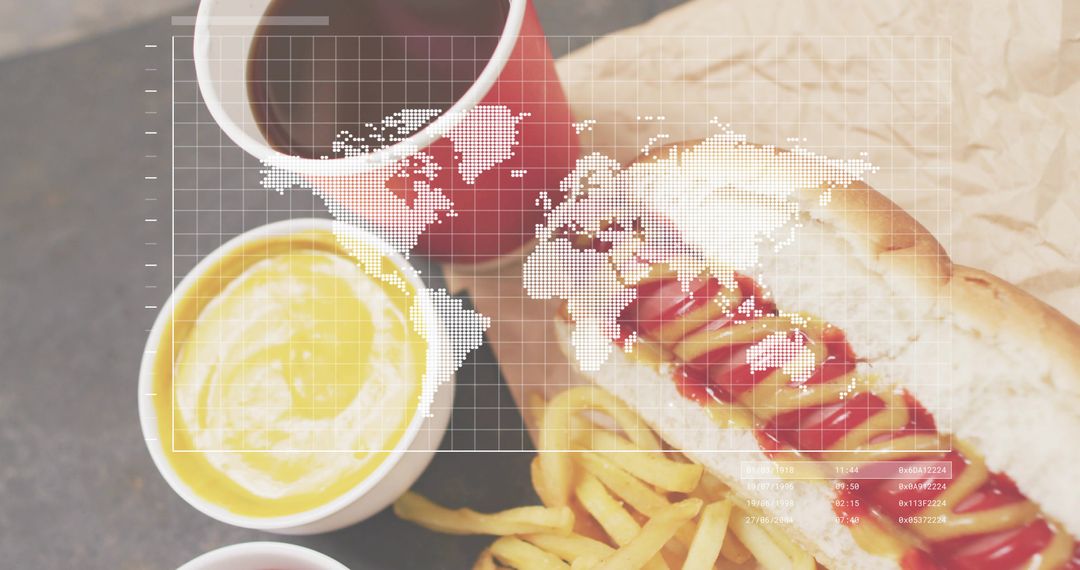 Flatlay Showing Hot Dog, Fries and Drinks with World Map Overlay for Fast Food Marketing