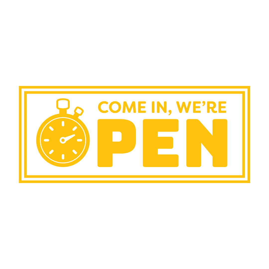 Yellow Open Sign with Time Icon on Transparent Background