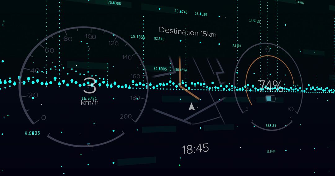 Displaying Futuristic HUD Cockpit Telemetry Dashboard Showing Speed Battery Level and Destination Ma