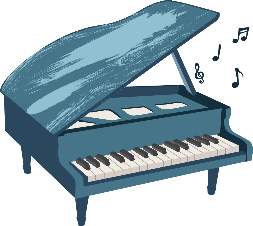 Elegant Blue Grand Piano with Floating Musical Notes on Transparent Background