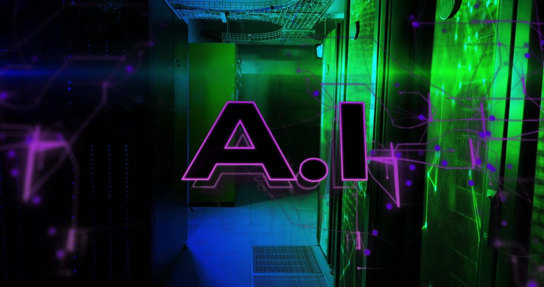 AI Technology Concept with Dark Room Servers and Digital Overlay