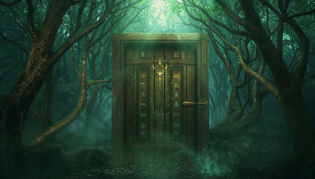 Enchanted Doorway in Mystical Forest with Glowing Runes