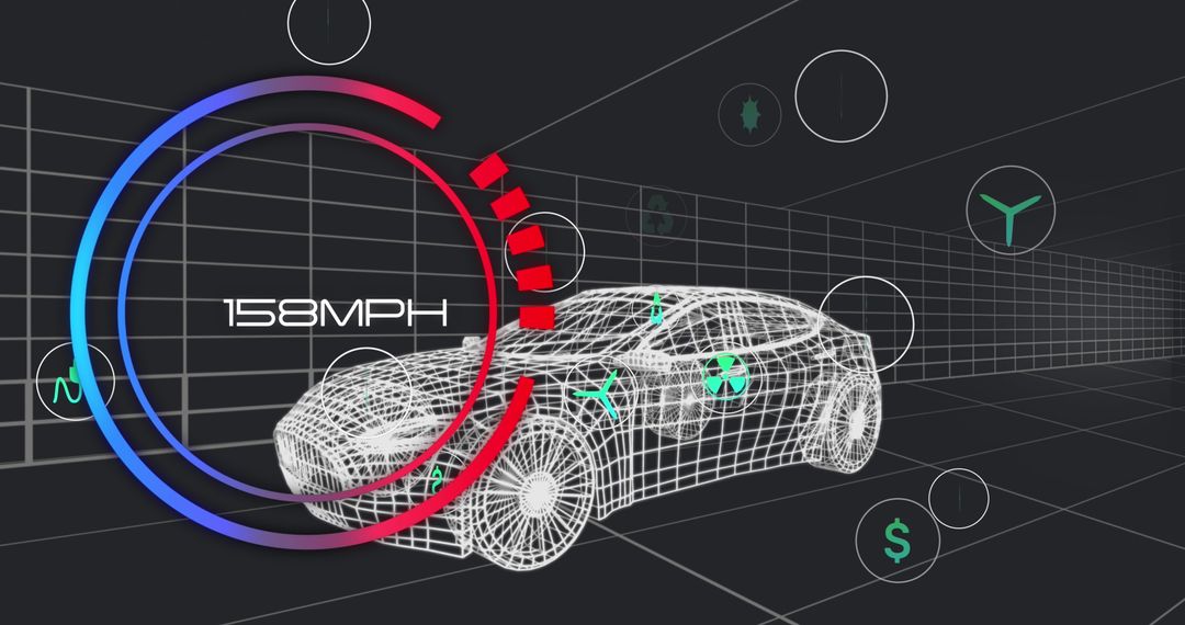 Futuristic Digital Car Interface with Speedometer and Tech Icons