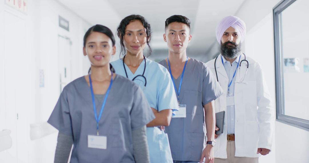 Diverse Medical Team Walking Through Hospital Corridor - Free Images, Stock Photos and Pictures on Pikwizard.com