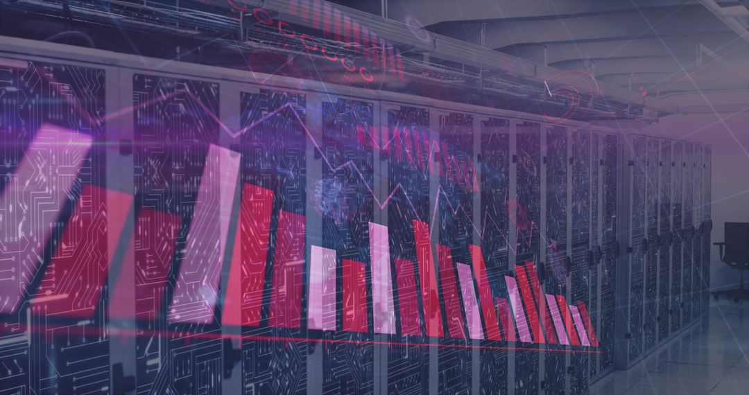 Digital Interface and Graphs Overlaid on Server Room