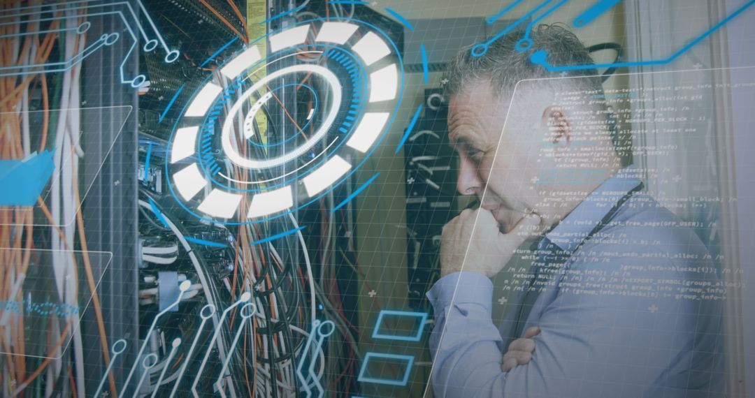 Man Analyzing Holographic Network Data in Server Room