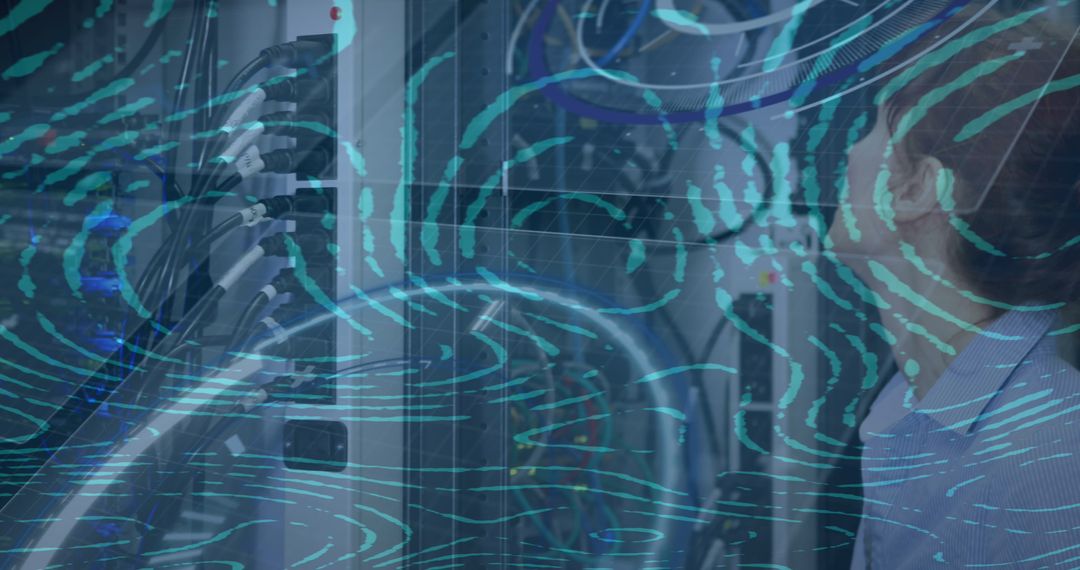 Water Effect Overlay on Server Room with Focused Professional