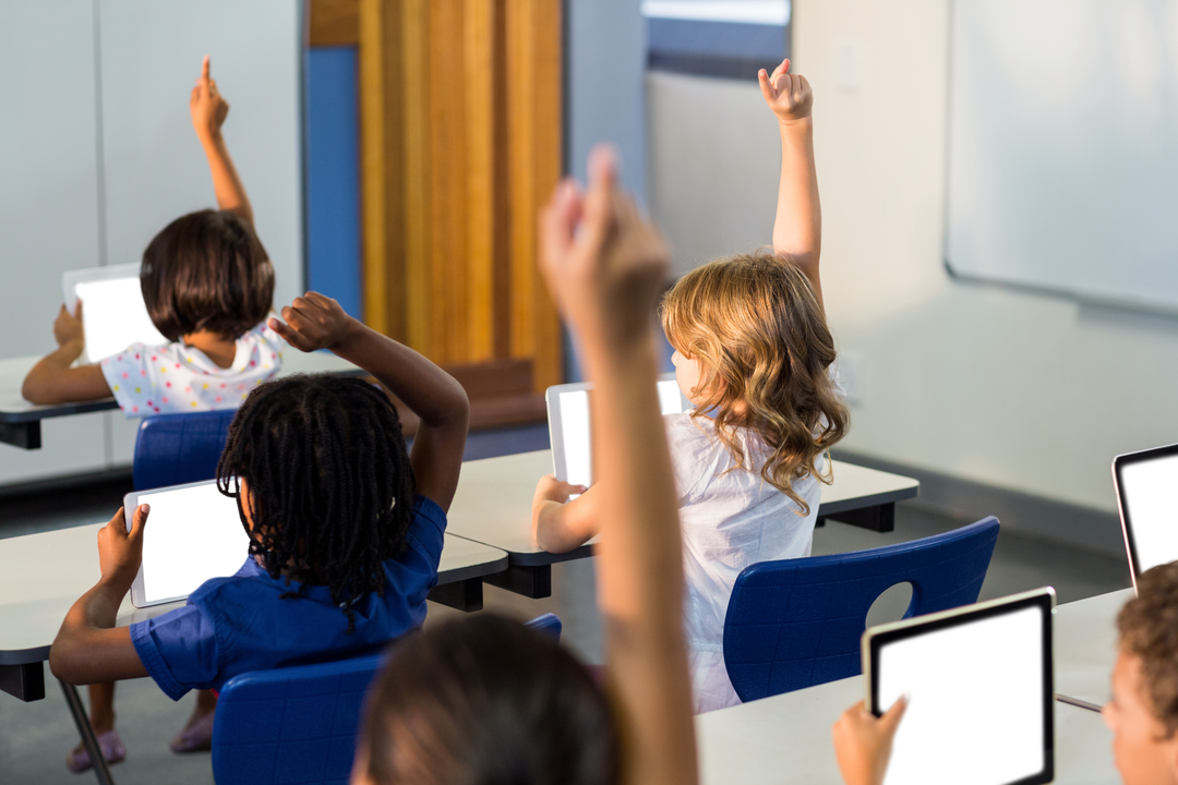 Students in Classroom Raising Hands Using Tablets Transparent Background - Download Free Stock Images Pikwizard.com