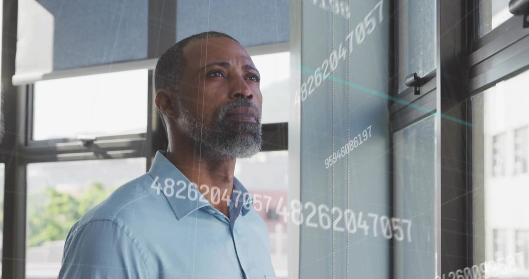 Executive Analyzing Data in Futuristic Urban Office Environment