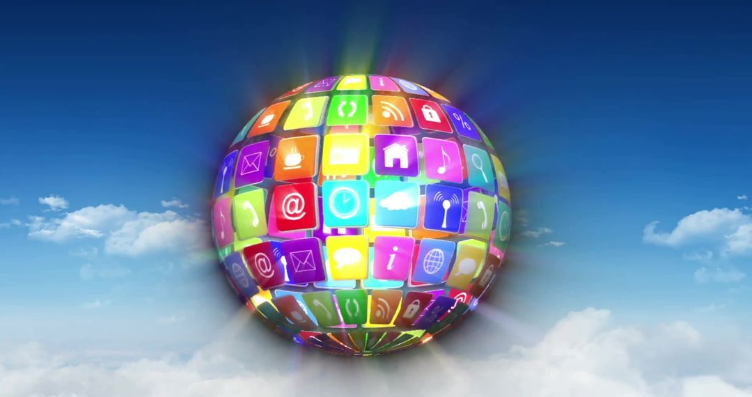 Glowing Globe of Digital Icons Above Clouds Illustrating Global Connectivity