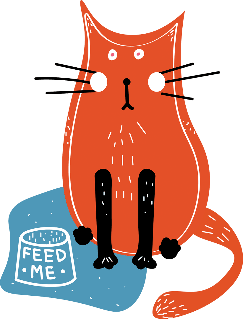 Whimsical Cartoon Cat with Feed Me Bowl on Transparent Background