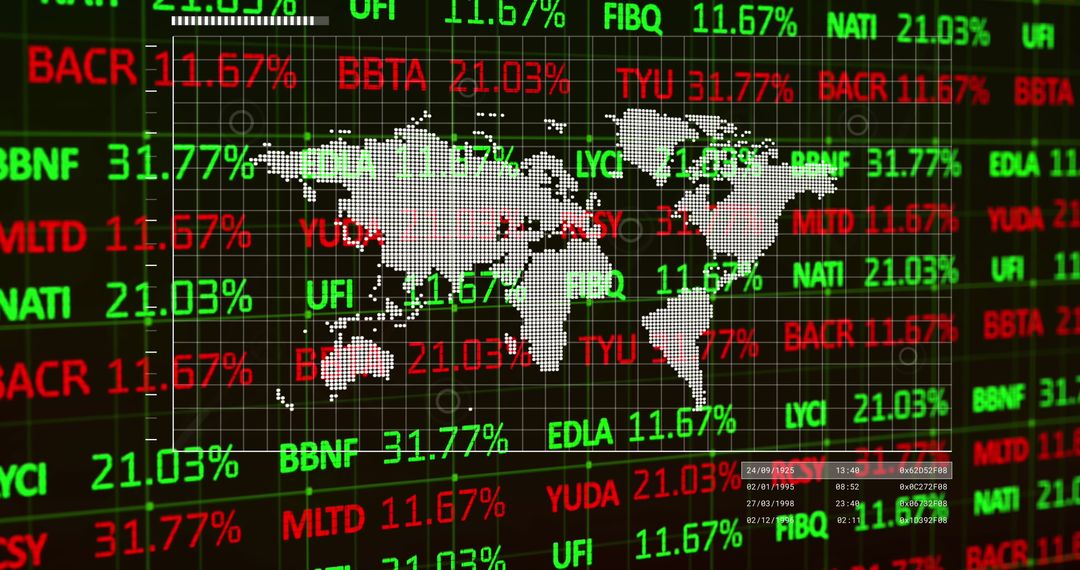 Global Stock Market Trends with Digital World Map Overlay