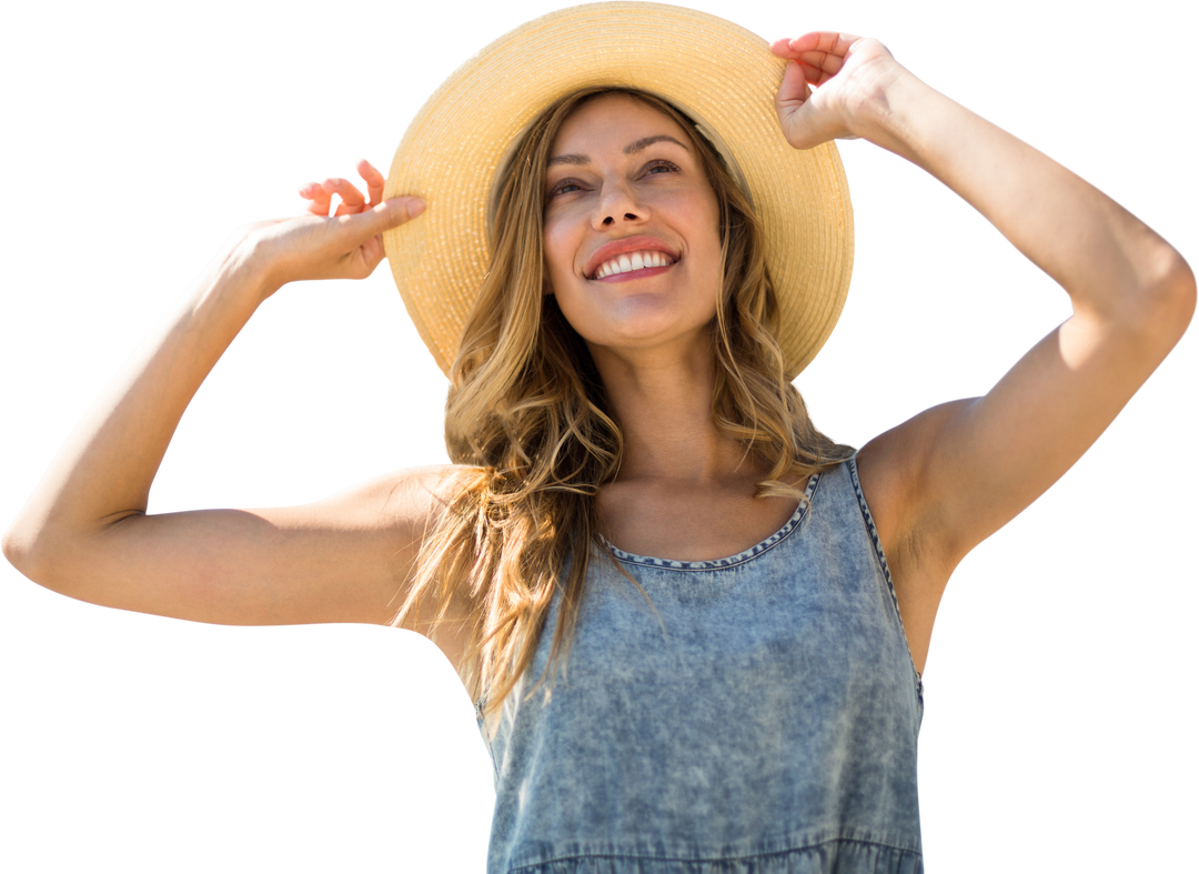 Smiling Woman Touching Straw Hat Transparent Background - Download Free Stock Images Pikwizard.com