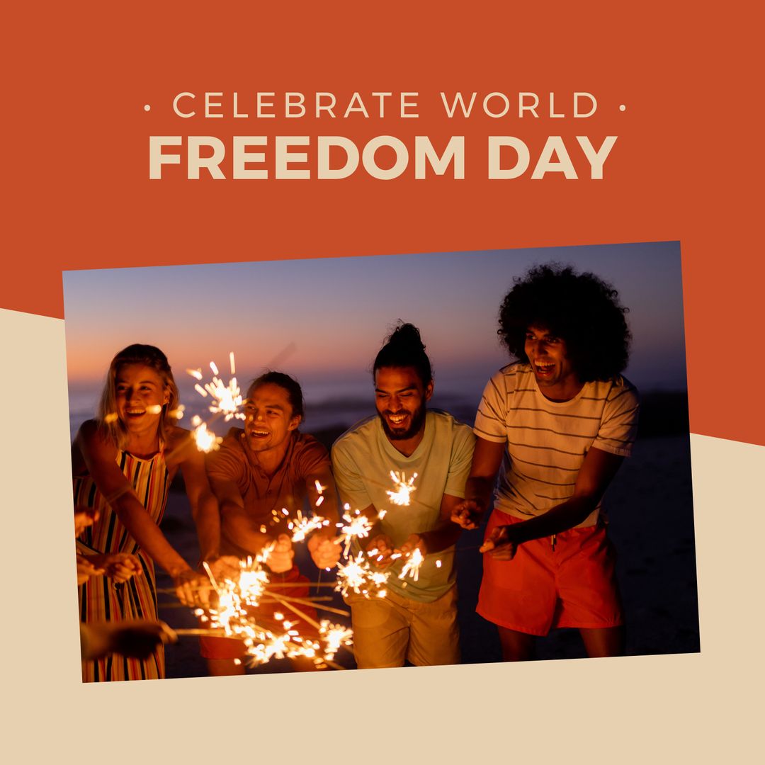 Diverse Friends Celebrating World Freedom Day with Sparklers at Beach