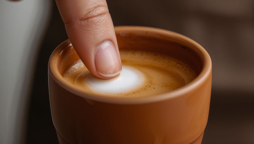 Fingertip Pressing Milk Foam on Latte in Brown Ceramic Cup Closeup Macro Coffee Moment