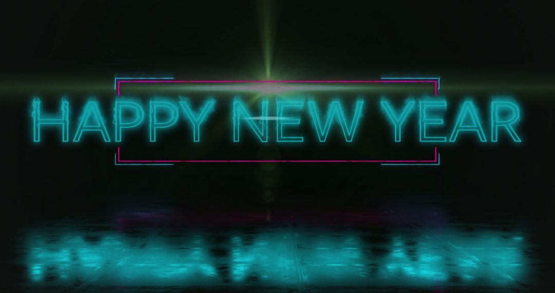 Neon Sign Happy New Year with Reflective Floor and Magenta Frame