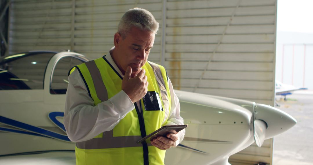 Aviation Engineer Inspecting Plane with Digital Tablet in Hangar - Free Images, Stock Photos and Pictures on Pikwizard.com