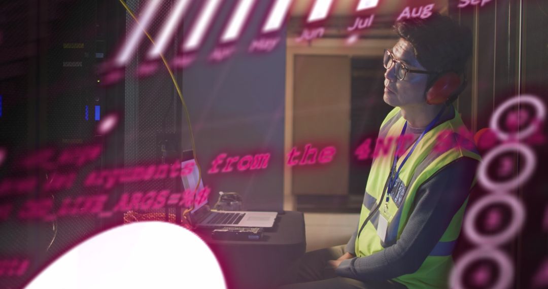 Engineer Overseeing Server Operations with Futuristic Digital Overlay