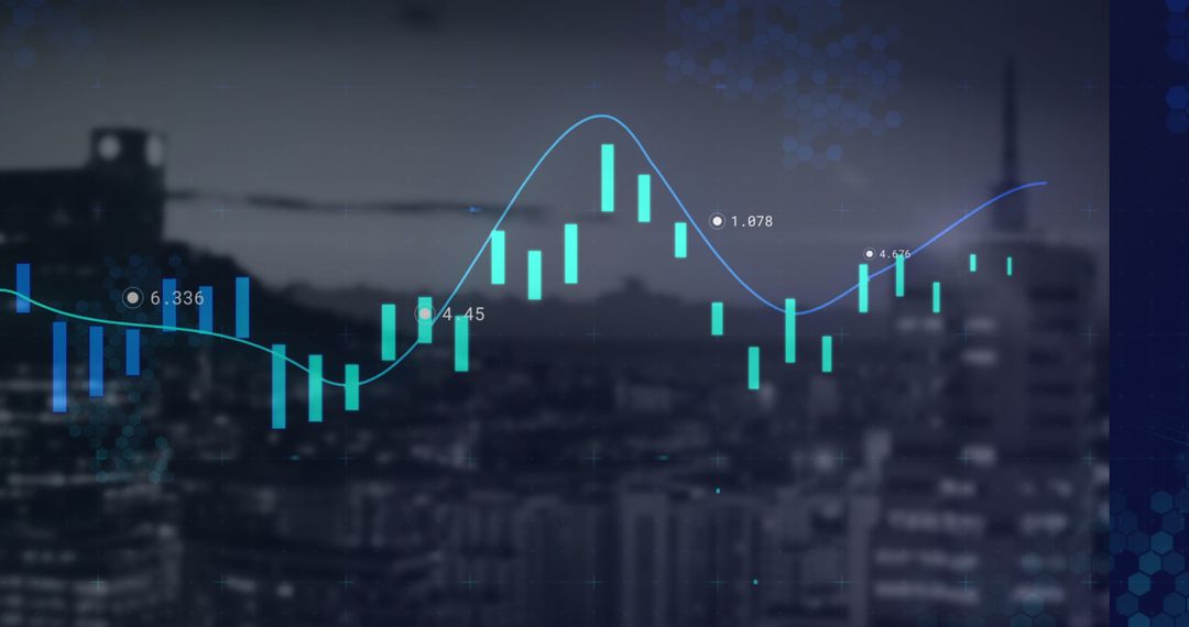 Digital Financial Data Processing Over Cityscape Background