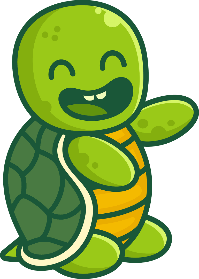 Whimsical Cartoon Turtle Waving on Transparent Background
