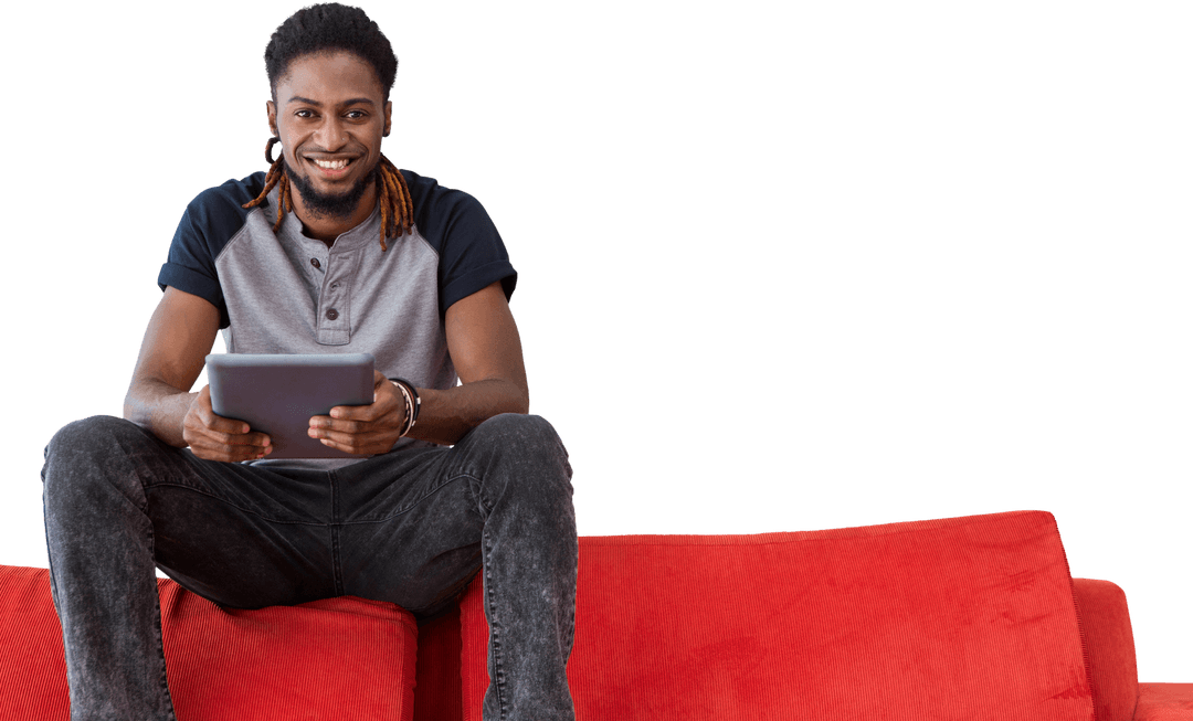 Smiling College Student with Tablet on Transparent Red Sofa