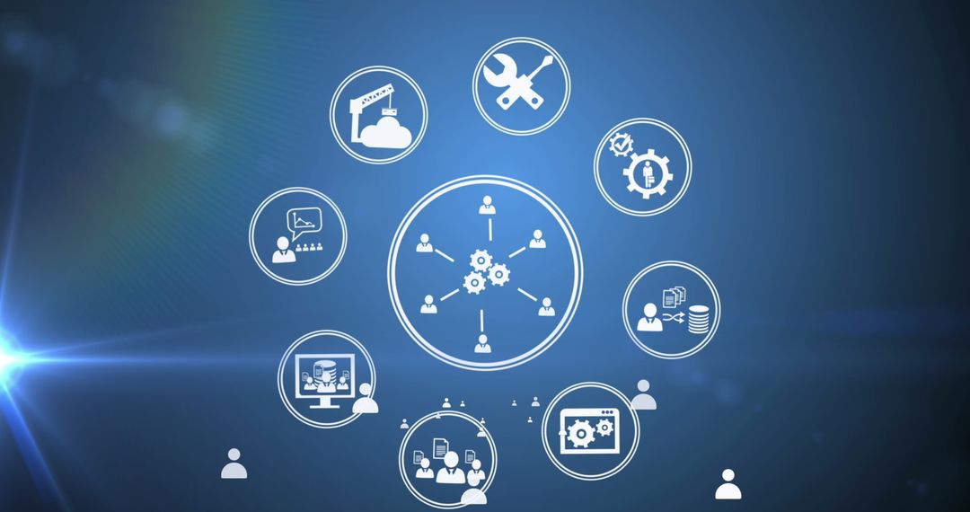 Digital Business Icons with Glowing Blue Background