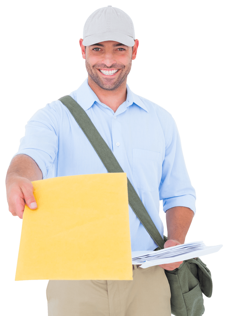 Smiling Postman Delivering Envelope on Transparent Background