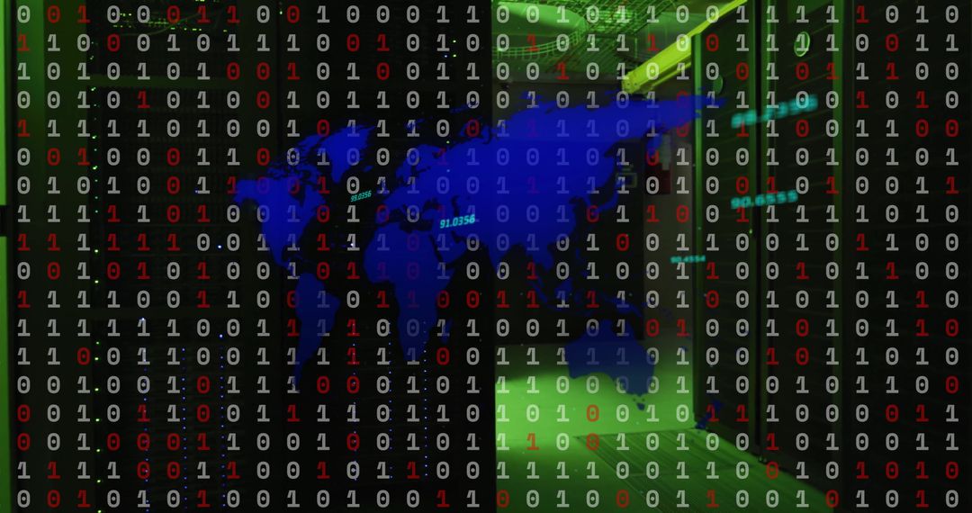 Binary Code Overlay on Digital World Map and Server Room