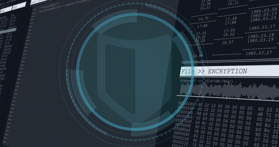Neon Teal Encryption Shield with Futuristic HUD Rings on Cybersecurity Dashboard Interface