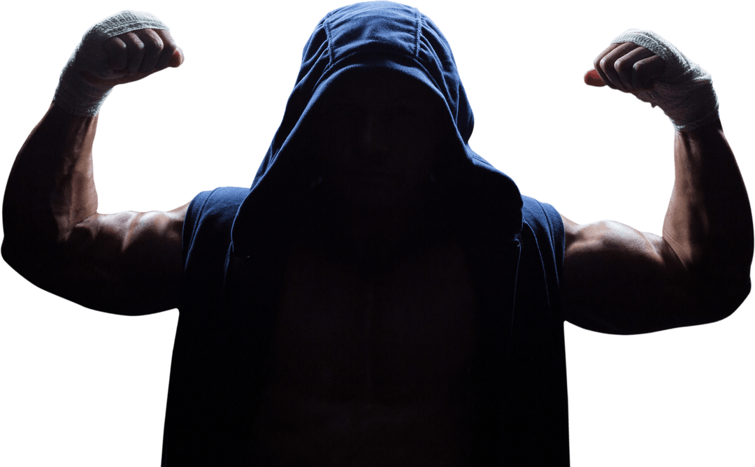 Transparent Athlete with Hood Flexing Muscles in Mysterious Pose