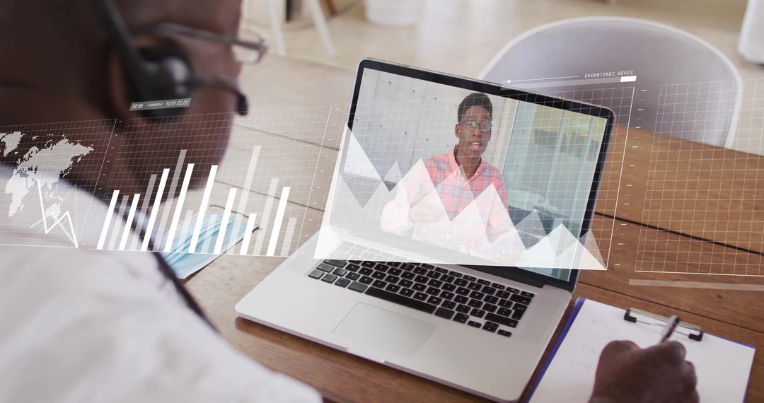 Businessman Video Conferencing with Data Overlay Graphics